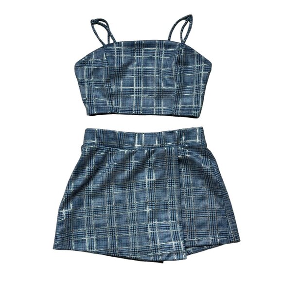 Womens Plaid Blue Two-Piece Set - Crop Top & High-Waisted Shorts By Iris Small - Picture 2 of 3